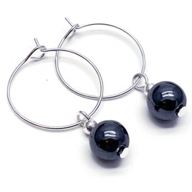 Hematite Bead Hoops, 8mm Grey Stone Beads Nickel Free Hoops, Silver Tone Hoop Earrings, 20mm Diameter, Elegant Everyday Earrings, Gift for Women
