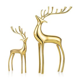Sziqiqi Reindeer Figurine Statues Deluxe Set of 2, Christmas Deer Pure Copper Heavy Reindeer Ornaments for Home Decor Accents Living Room Office Bookself Tabletop Mantle Christmas Decoration, Gold
