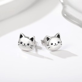 925 Sterling Silver Cat Earrings Studs Hypoallergenic Kitten Kitty Jewelry Cute Cat Lover Gifts for Women (Style A)