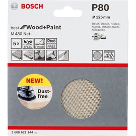 Bosch Professional set of 5 sanding sheets M480 Best suited for wood and paint (Ø 125 mm, grit P80, accessories for random sanders)