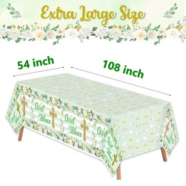 BkeeCten God Bless Baptism Tablecloth - 3-Pack Green Baptism Table Cover Christmas Winter Xmas New Year Party God Bless Cross Religious Waterproof Rectangle First Communion Baby Shower(54x108 Inch)
