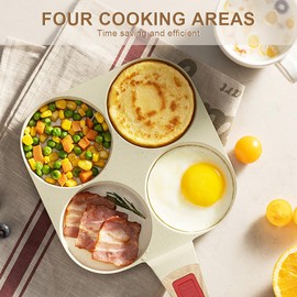 Bobikuke Fried Egg Pan with Removable Handle, Pancake Pan Induction 4 Hole Non-Stick Eye Pan - White