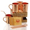 Copper Cure Gift Set Pure Copper Hammered Mugs with Copper Straws & Wooden Coasters Set of 4 