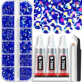 Towenm 4000PCS Dark Blue AB Rhinestones with B7000 Rhinestone Glue Bedazzler Kit, Glue Fix Flatback Gems Rhinestones for Crafts Clothes Shoes Nails Face Art, Mixed 5 Sizes 2mm 3mm 4mm 5mm 6mm