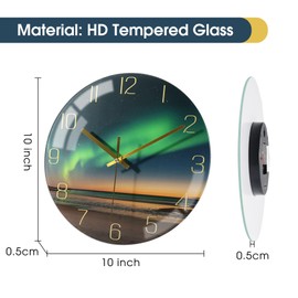 WONZOM 10 Inch Northern Lights Wall Clock, Silent Non Ticking Battery Operated Clocks Decorative, Black and Gold Glass Wall Clocks for Living Room Bathroom Kitchen Bedroom Office