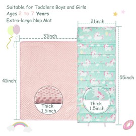 NICE CHOICE Toddler Nap Mat for Daycare Preschool Boys Girls Extra Large Rolled Sleeping Bag Mat with Pillow and Blanket for Toddler Boys Girls Kindergarten Travel Camping(Unicorn Upgraded)