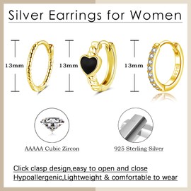 Loutade Hoop Earrings 925 Silver, 3 Pairs 925 Sterling Silver Twisted Black Heart Huggie Hoop Earrings Set with Cubic Zirconia, Hypoallergenic Lightweight Cartilage Sleeping Silver Earrings Hoop