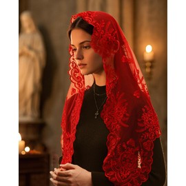 Bozidol Mantilla Triangle Rose Cross Veil for Women Red Church Catholic Veils for Women Mass, Lace Christian Head Covering Religious Gifts for Lady Prayers Communion Easter