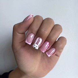 24Pcs Easter Press on Nails Short French Tip Fake Nails with Bunny Flower Designs Cute Coffin Glue on Nails Full Cover Pink Nail Tips Square Acrylic False Nails for Women Easter Holiday Nail Decor