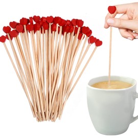Wooden Coffee Stirrers 100PCS, HOMOMSAE 6.1 Inch Red Heart Drink Stirrers Disposable Stirring Sticks for Coffee Cocktail Wedding Valentine's Day