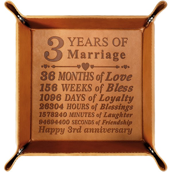 3 Years of Marriage Engraved Leather Leather Gifts for Anniversary Engraved Catchall Valet Tray with 3rd Year Anniversary Card for Couples Anniversary