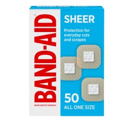 BAND-AID Brand Sheer Spots Adhesive Small Square Bandages, Sterile, Individually Wrapped Discreet First Aid & Wound Care for Minor Cuts & Scrapes, Quilt-Aid Comfort Pads, One Size, 50 ct