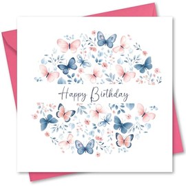 Birthday Card. Butterfly Design. Supplied with Pink Envelope. 150x150mm when folded.