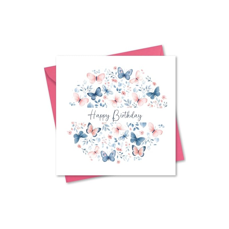 Birthday Card. Butterfly Design. Supplied with Pink Envelope. 150x150mm when