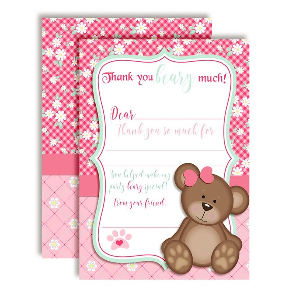 Teddy Bear Girl Themed Thank You Notes for Kids, Ten 4" x 5.5" Fill In the Blank Cards with 10 White Envelopes by AmandaCreation
