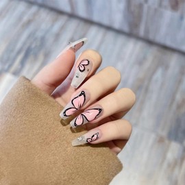 Pink Butterfly Press on Nails Long Coffin Fake Nails with Rhinestones Designs 24 Pcs Natural Reusable Acrylic Nail Full Cover Stick on Nail for Women WYFHDT