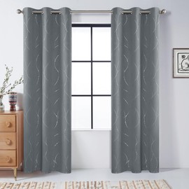 BUHUA Blackout Curtains for Bedroom 2 Panels Set, Grommet Thermal Insulated Room Darkening Window Curtains & Drapes with Wave Line and Dots Printed for Living Room, 38W x 72L Inch, Light Grey