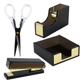 Buqoo Office Supplies Acrylic Stapler and Tape Dispenser Set 1-Inch Core Tape Holer 6.3 Inches Fabric Scissors N Sticky Notes Holder Acrylic Stapler Desktop School Supplies kit (Black Gold-4)