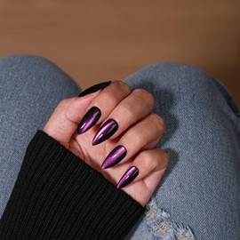 SXVME 30 Pcs Glitter Cat Eye Purple Black Press on Nails Almond Medium - Stiletto Fake Nails Acrylic, Soft Gel Glue on Nails Medium, Sparkle Dark Stick on Nail for Women Vacation