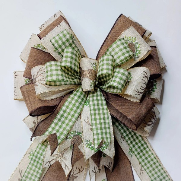 Tied by hand Green Gingham, Brown and Beige with Deer