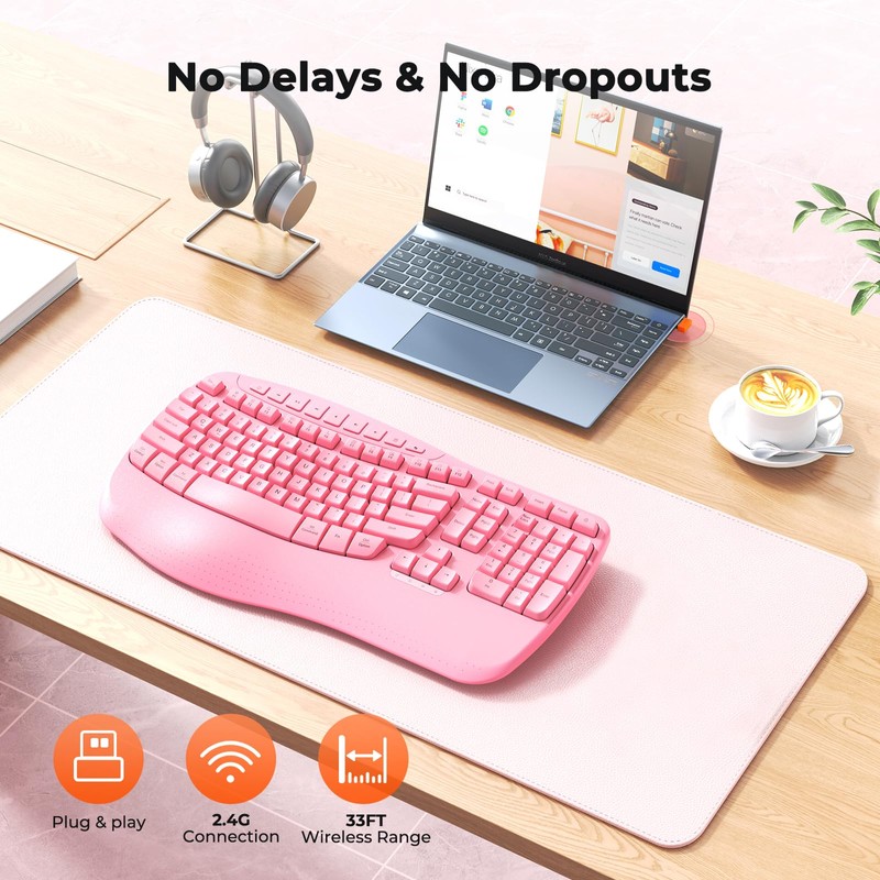 MEETION Wireless Ergonomic Keyboard with Wave Keys and Wrist Rest