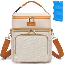 Double Layer Breastmilk Cooler Bag with Ice Pack Insulated Travel Bag for Bottle Breast Milk Storage & Feeding Fits 6 Bottles Up to 9 Ounces Portable Leakproof Bottle Bag for Travel Daycare Beige
