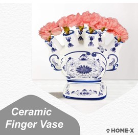 Home-X Ceramic Flower Vase – 6-Port Bud Ivory Vase – Unique Decorative Flower vase for Living Room, Bedroom, Kitchen, or Office (White & Blue)
