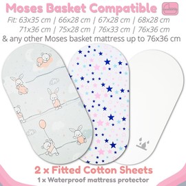 Moses Basket Sheets – 100% Cotton, 3pc Moses Basket Bedding Set with 2 Fitted Moses Basket Sheets & 1 Waterproof Mattress Protector – to fit Moses Baskets, Bassinets & Prams mattress up to 76 x 36cm