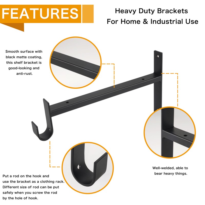 EZYDECOR Closet Rod Bracket Shelf Bracket with Hook Black Closet