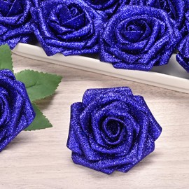 BLEUM CADE 36Pcs Artificial Flowers Fake Roses with Stems, Blue Glitter Boxed Foam Roses for DIY Bouquets Centerpieces Wedding Party Arrangement Bridal Shower Decor