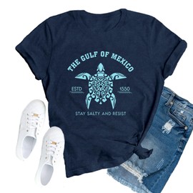 TUPOSU Gulf of Mexico T-Shirt for Women Mexican Shirts Beach Turtle Tops Blue