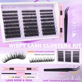 EYDEVRO Fairy Lash Clusters Kit Wispy Eyelash Clusters with Spikes 10-16mm Lash Extension Kit D Curvature Volume Cluster Eyelash Extensions Kit Individual Lashes Lash Bond and Seal Tweezers Brushes