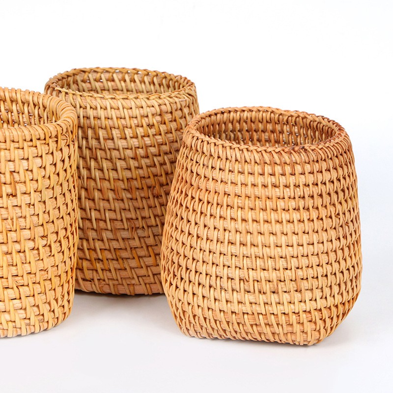 Hand Woven Rattan Pen Holder Cups Wicker Makeup Brush Storage