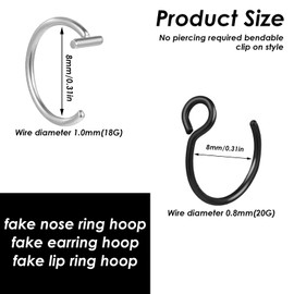 Mabor Pack of 16 Fake Nose Piercings, Silver Black Fake Piercing Fake Septum Fake Nose Ring Stainless Steel Fake Nose Ring Nose Septum Fake Nose Piercing Lip Piercing for Nostril Lips