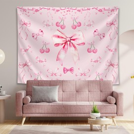 Ine Ive Pink Bow Coquette Tapestry Cute Cherry Fruit Bow Aesthetic Tapestry 80x60inch Funky Pretty Girly Poster for Bedroom Dorm Home Decor