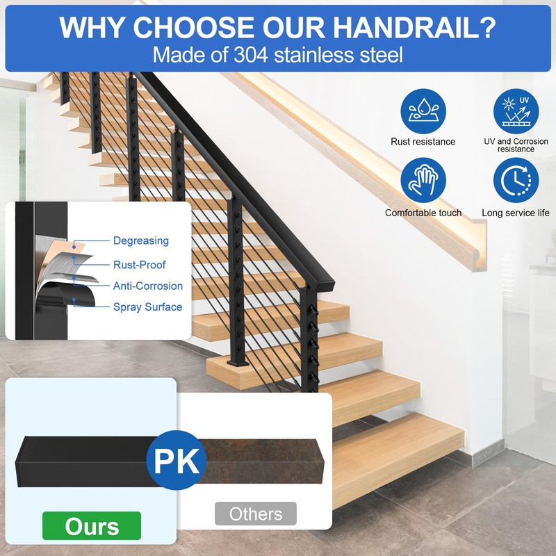 PLANTOP 6'6'' Stainless Steel Rectangular Handrail, Cuttable Cable Railing Handrails
