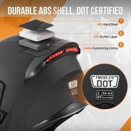 OUMURS DOT Motorcycle Full Face Helmet, Modular Flip-Up Dual Visor with Rear LED Lights, Lightweight & DOT Approved, Matte Black - XL