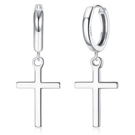 Milacolato S925 Sterling Silver Cross Hoop Earrings 18K White Gold Plated Minimalist Dangle Cross Huggie Cuff Earrings Hypoallergenic Lightweight Trendy Cross Hoop Earrings for Men Women