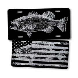 SignsAndTagsOnline Bass Fishing License Plate Largemouth Bass Silhouette American Flag Silver Auto Tag