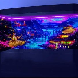24X16IN Blacklight Japanese Anime Black Light Aquarium Background, UV Art City Night Fish Tank Background Scenery Terrarium Background with 10 EVA Double-Sided Tape