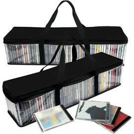 CD Storage Bags, 2-Pack Clear Plastic Holder Case for Music Disc - Sturdy Stitched, Strong Handle, Fits 100 Albums & Movies, Clear Plastic Carrying Game Bag Storage for CDs, Albums, Video Games, Books