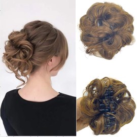 Swy Hair Claw Clip Messy Bun Hair Piece Wavy Curly Large Hair Bun Clip in Claw Chignon Ponytail Hairpieces Synthetic Tousled Updo Hair Extensions Scrunchie Hairpiece for Women (Light Brown)