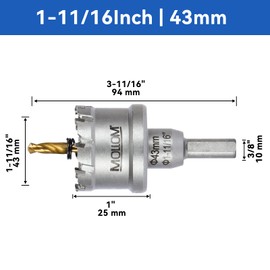 Mollom (1-11/16''|43mm) Heavy Duty Carbide Hole Saw with 2 Pilot Drill Bits, Hole Cutter cuts Stainless Steel, mild Steel, Iron, Copper, Brass, Plastic