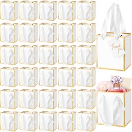 Yeaqee 50 Pcs Mini Metallic Paper Gift Bags with Handles 4x2.75x4.5'' Tiny Small Gift Bags with Thank You Tag for Christmas Wedding Birthday Welcome Return Gifts Small Business(White, Gold)