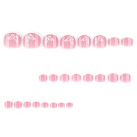 MouyouGlow Pack of 24 Fake Toenails, Toenails for Sticking, Short, Squared White, French Butterfly, Summer INS Pink, Artificial Toe Nails, Full Cover, Artificial Toenails-AUB16