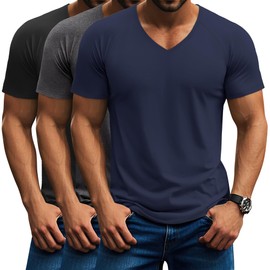 Riyiper 3 Pack Men's V Neck T-Shirts Short Sleeve Curved Hem Casual Shirts Raglan Soft Basic Tee 2025 Summer Clothes(Black, Heather Gray, Navy Blue,XX-Large)