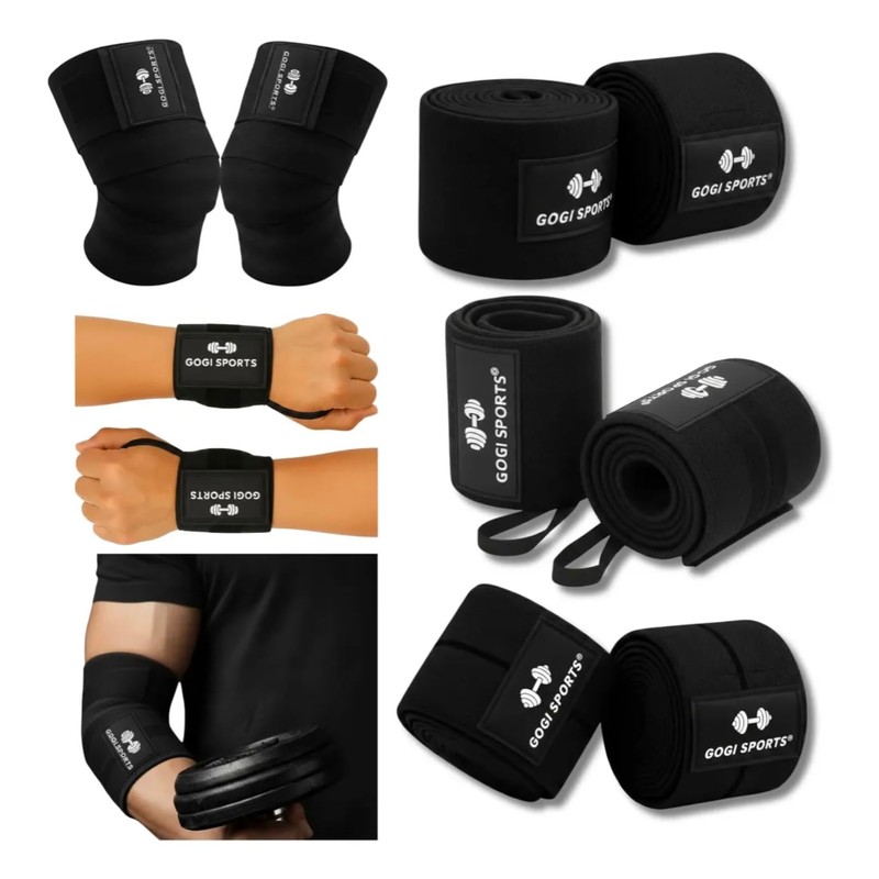 Kit Vendas Para Rodilla Knee Wraps + Coderas +muñequeras Gym