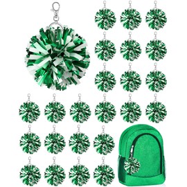 Remuuly 20 Pcs Cheer Pom Pom Keychain Cheerleader Gifts Cheerleading Keyring Charm Foil with Keychain Hooks for Women Accessories (Green White)