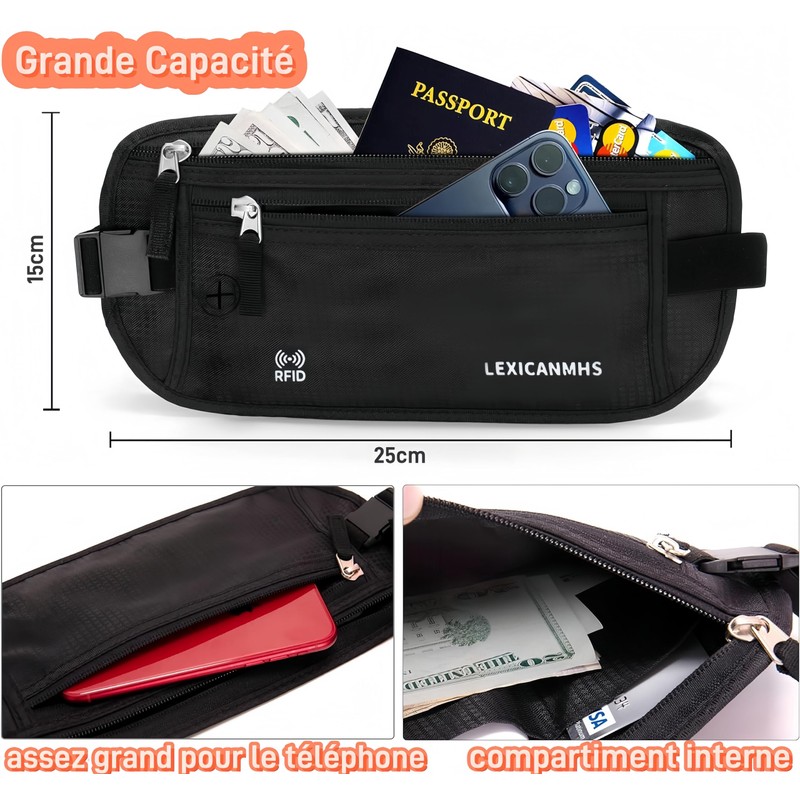 LEXICANMHS Anti-Theft Flat Bum Bag, black, money belt