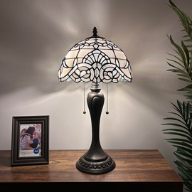 enjoy decor lamps White Stained Glass Table Lamp Baroque Style Bedroom LED Bulbs Included for Living Room Bedroom Bedside 12" W*12" D*22" H